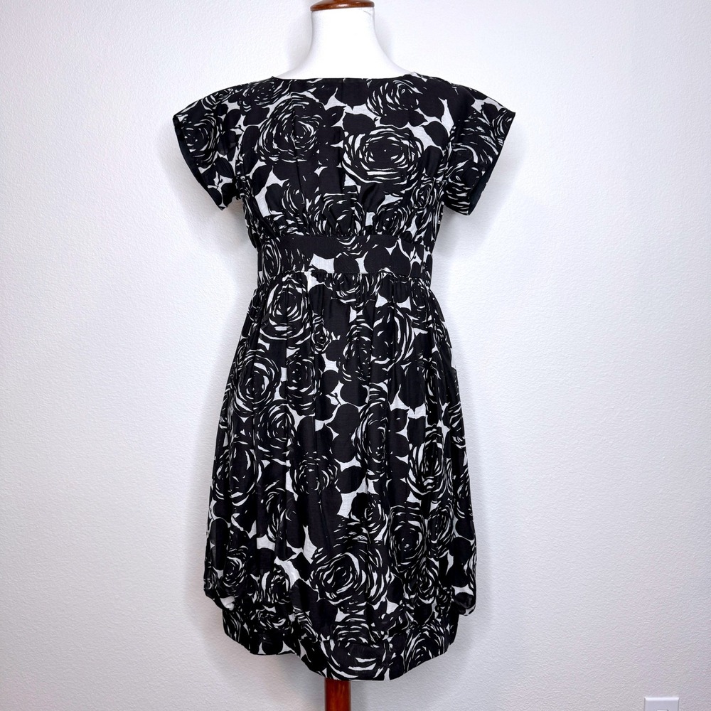 ANNA SUI Midi Short Sleeve Silk Blend Dress 4‎ Black Floral Fit & Flare Coquette